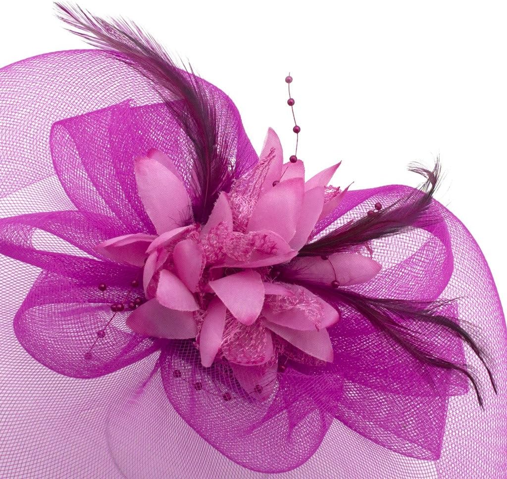 Ladies' Fashionable Feather Flower Bead Detailed and Mesh Ascot/Derby Day Fascinator Hat Headdress - Deep Pink