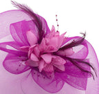 Ladies' Fashionable Feather Flower Bead Detailed and Mesh Ascot/Derby Day Fascinator Hat Headdress - Deep Pink