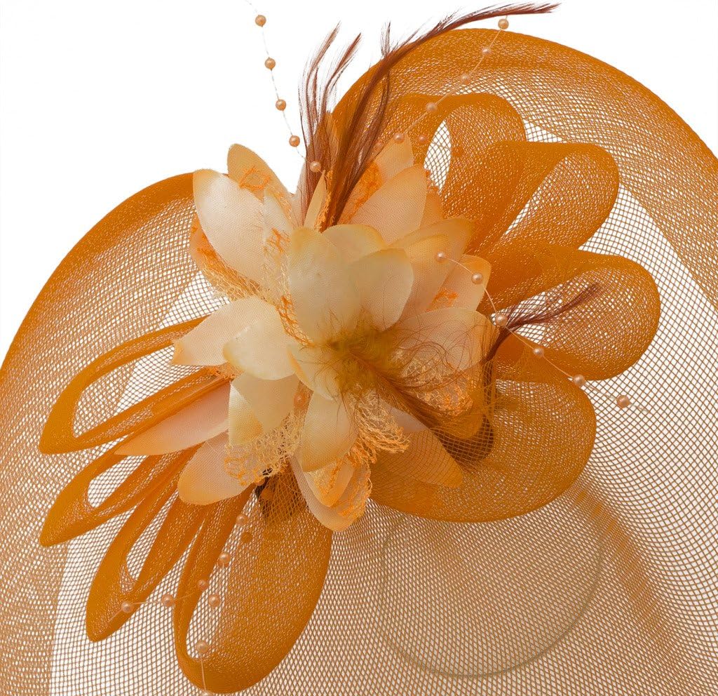 Ladies' Fashionable Feather Flower Bead Detailed and Mesh Ascot/Derby Day Fascinator Hat Headdress - Orange