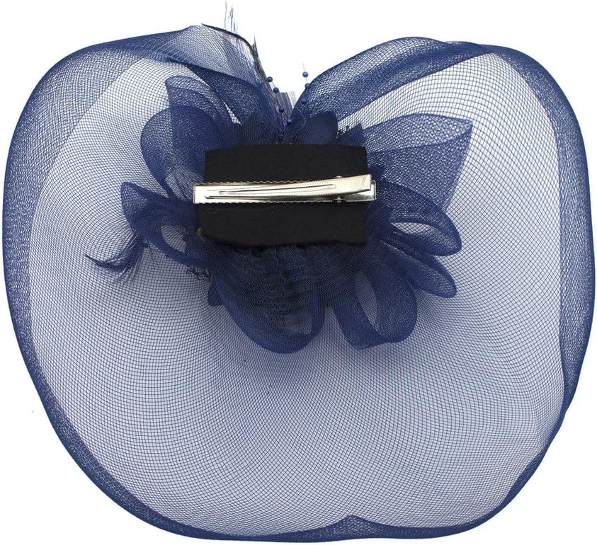 Ladies' Fashionable Feather Flower Bead Detailed and Mesh Ascot/Derby Day Fascinator Hat Headdress - Navy Blue