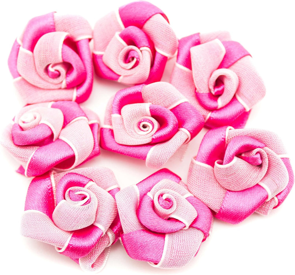 Pack of large flower ribbon and organza sew on trims in pink.