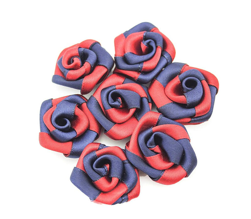 Pack of 10 deep red and navy rose double ribbon flower trims.