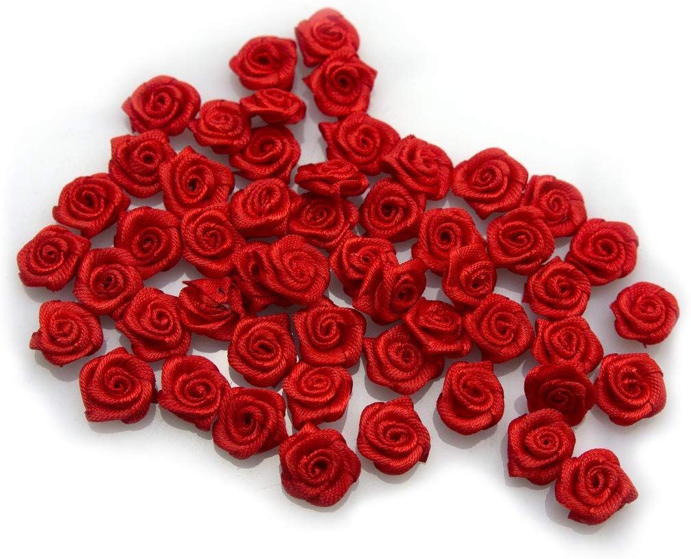 Pack of 50 red ribbon rose flower trims, 15 mm each.