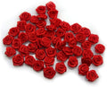 Pack of 50 red ribbon rose flower trims, 15 mm each.