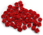 Pack of 50 red ribbon rose flower trims, 15 mm each.