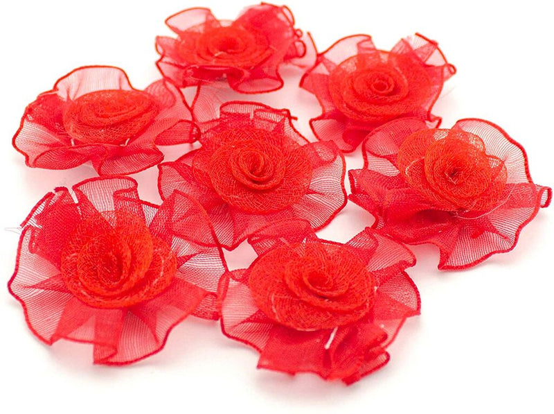 Pack of 10 red organza flower sew on trims displayed