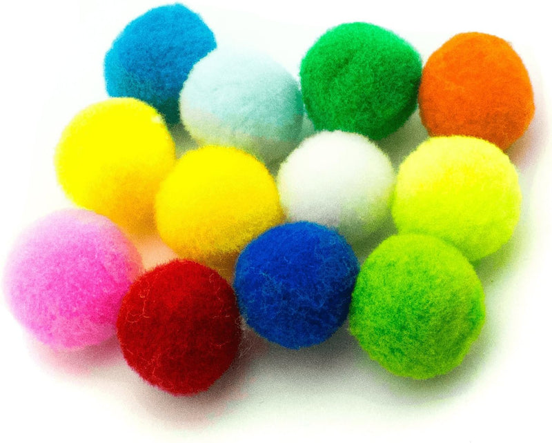 Assorted colourful pom poms in various shades and sizes.