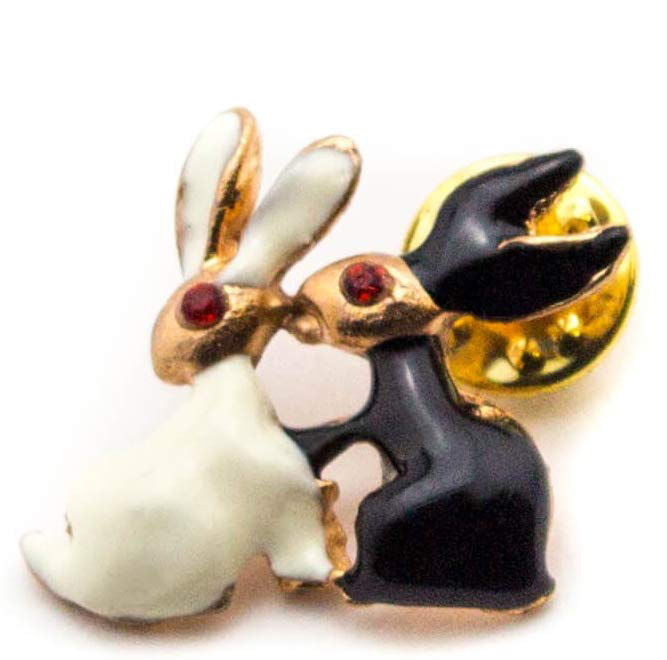 Black and white rabbits enamel pin brooch with red crystal eyes.