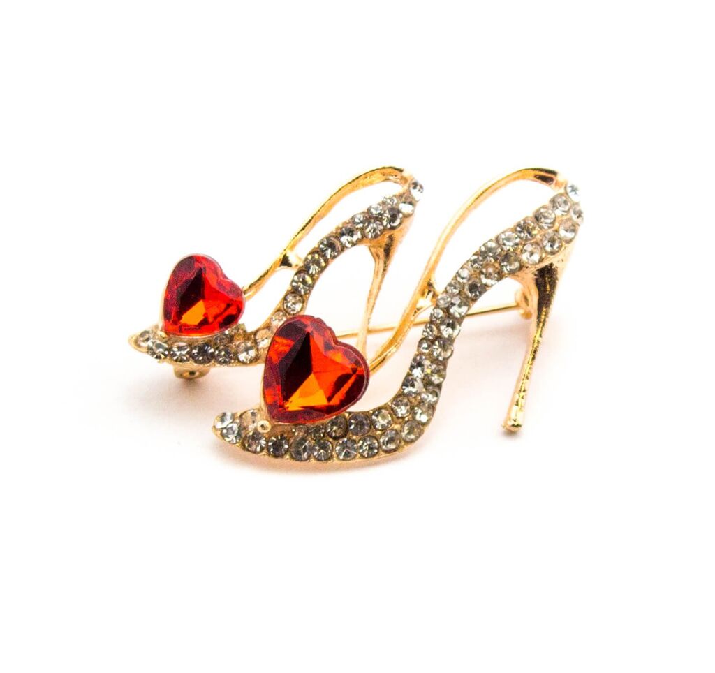 Gold coloured high heel shoes brooch with diamante and red heart crystals.