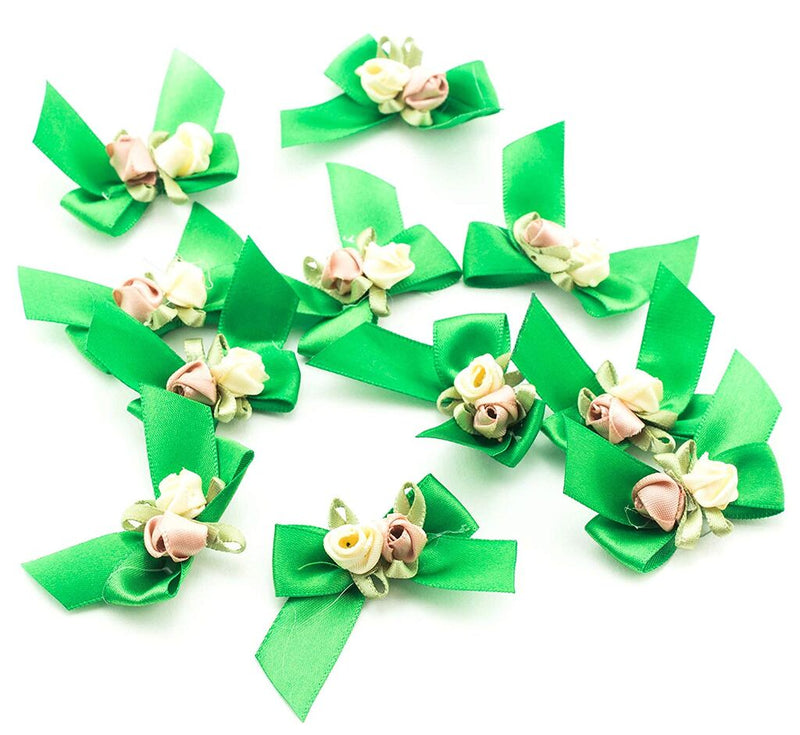 Pack of 10 bright green ribbon bow trims with pink and cream flowers