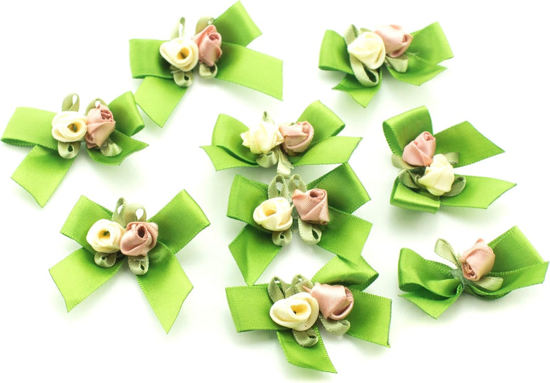 Olive green ribbon bow trim with pink and cream flowers.