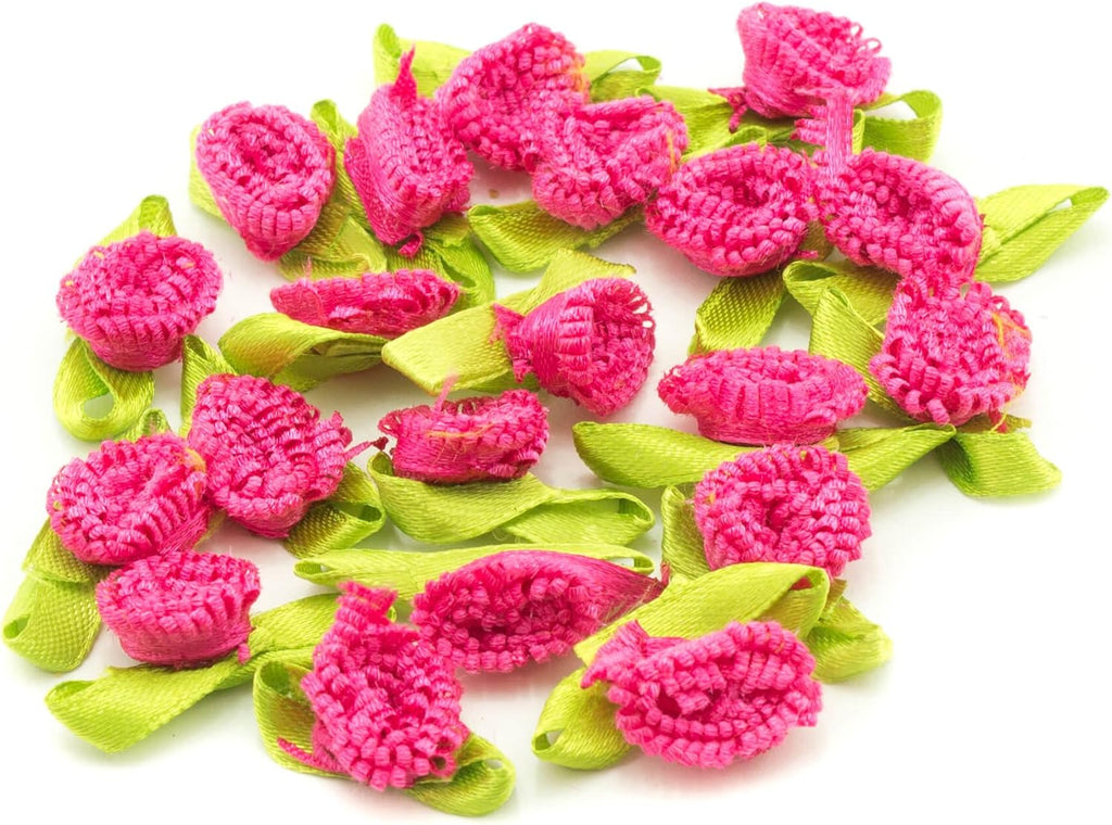 Hot pink ribbon bow trim with detailed fringe flowers.