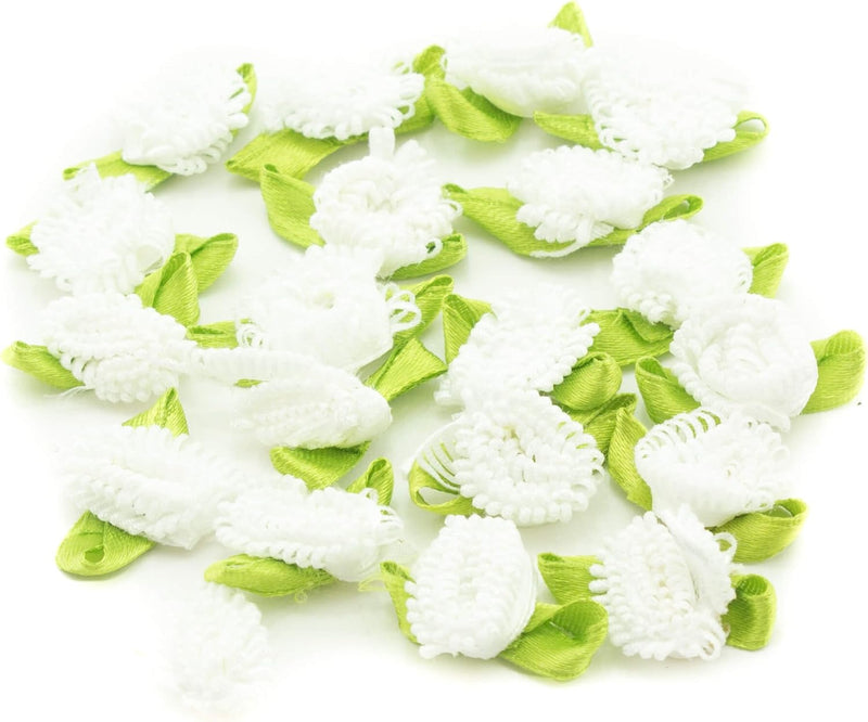 White ribbon bow trim with detailed fringe flowers for sewing.