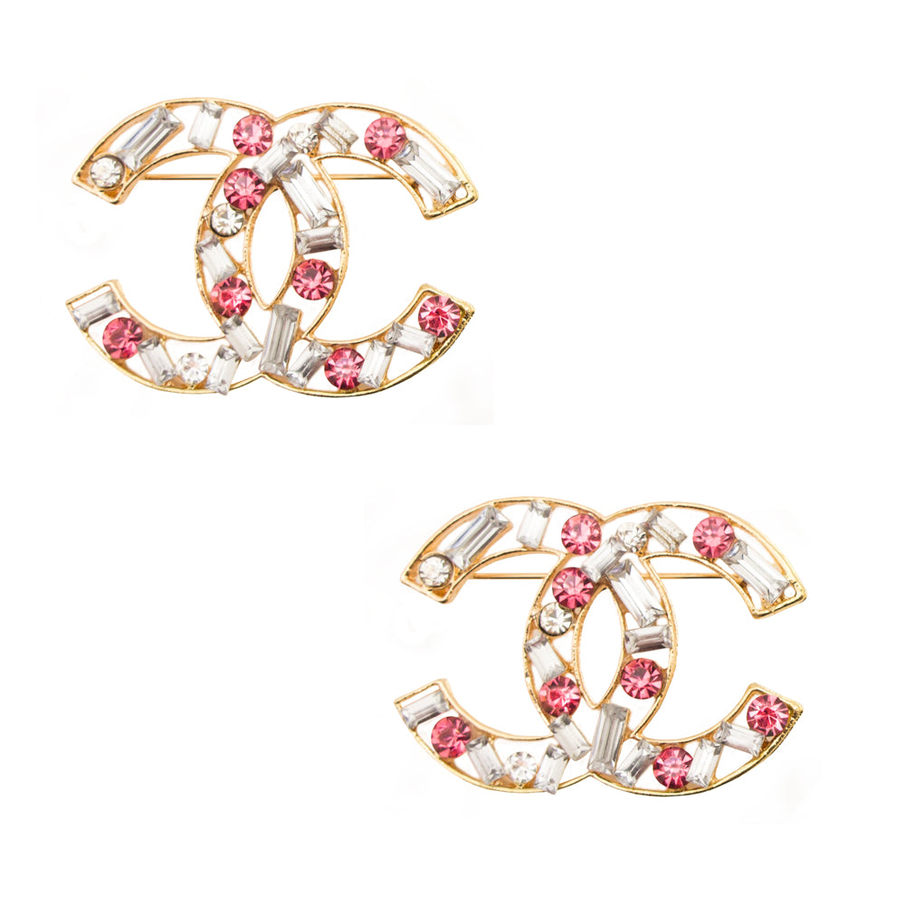 Stylish XNE-001 Pin Brooch with Rose and Clear Crystal Diamante Gems in a Gold Coloured Frame Settin