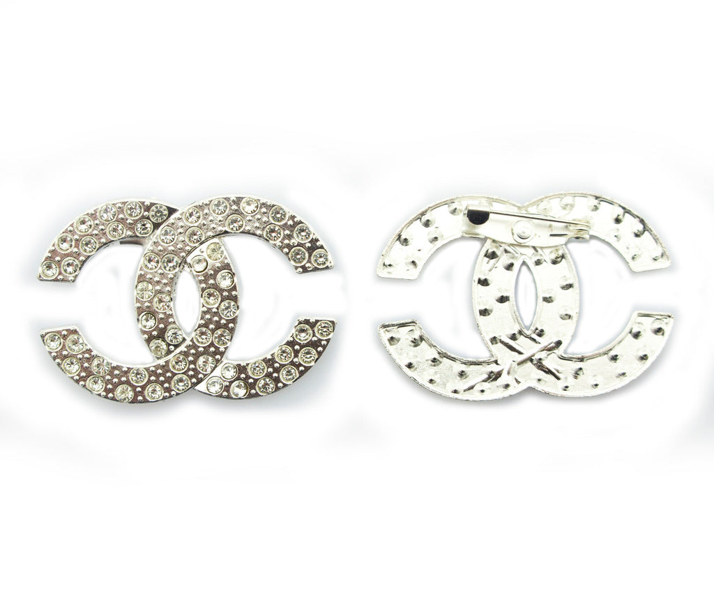 XZ-XN-006 Silver Pack of 2 Beautiful Elegant Crystal Inlaid Brooches - Size: Appx 46 x 32 mm