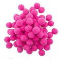 Jumbo pack of 200 neon pink pom poms, each 25 mm in diameter.