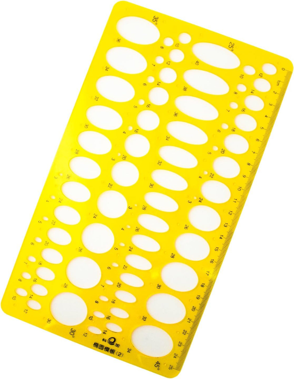 Close-up of the 25cm plastic stencil for drawing ellipse shapes.