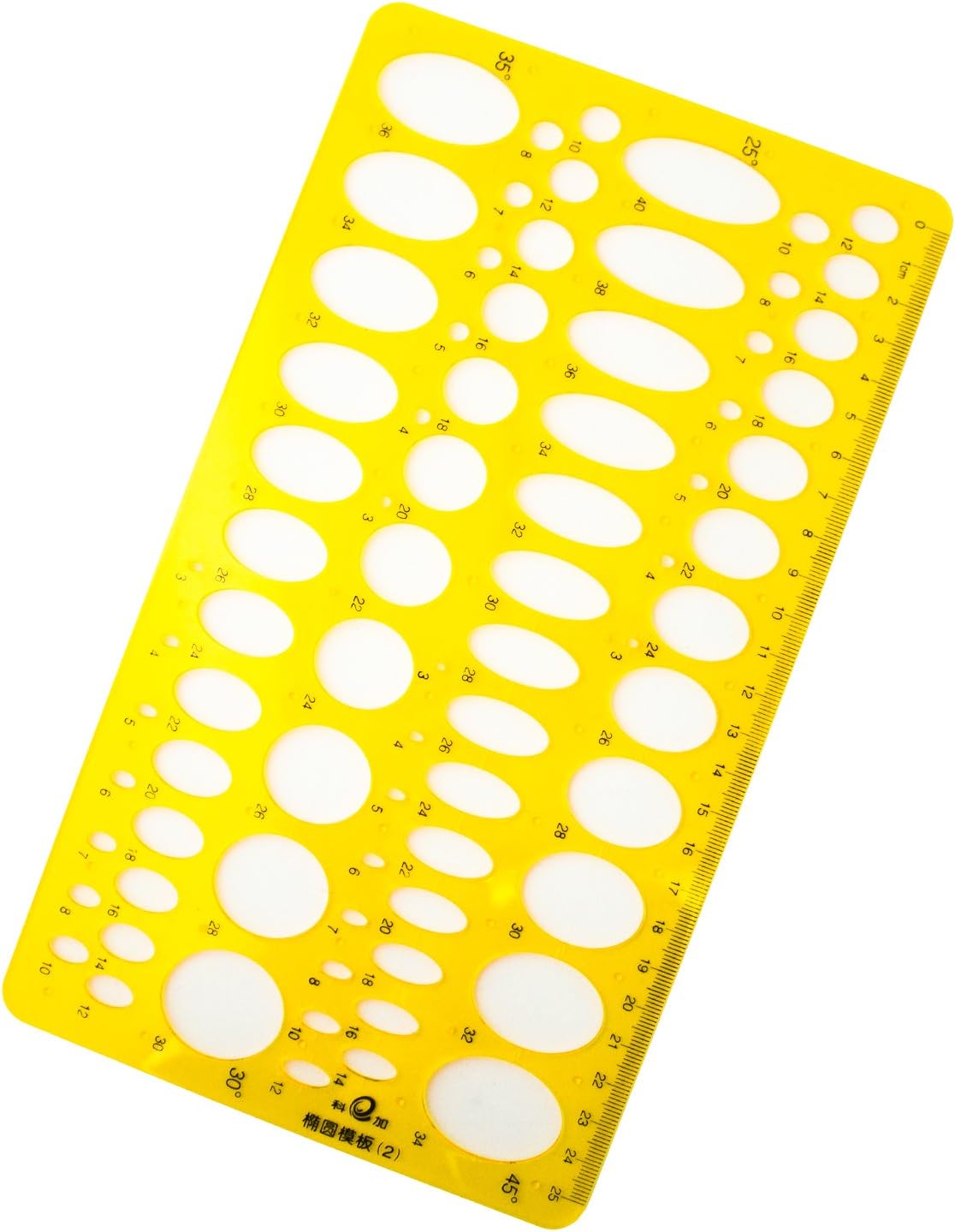 Close-up of the 25cm plastic stencil for drawing ellipse shapes.