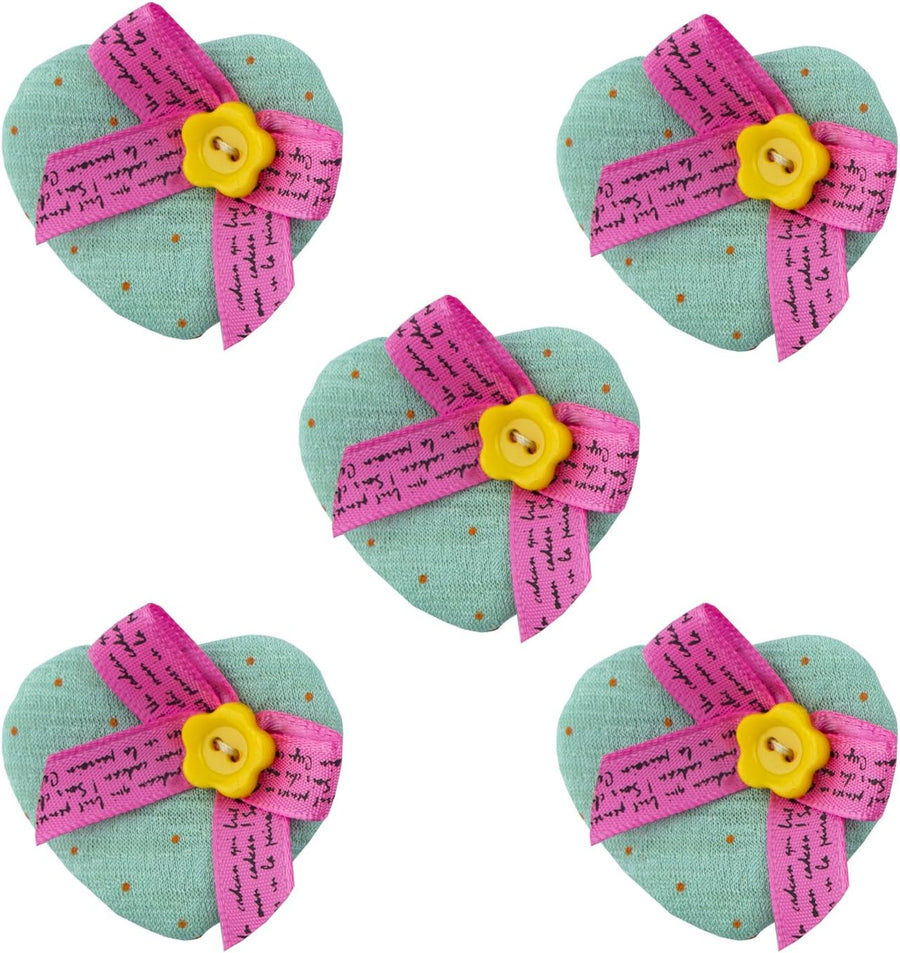 H1002 Soft Padded Green Pretty Polka Dot Decorative Heart Bow and Flower Fabric Embellishment Trims - Pack of 5