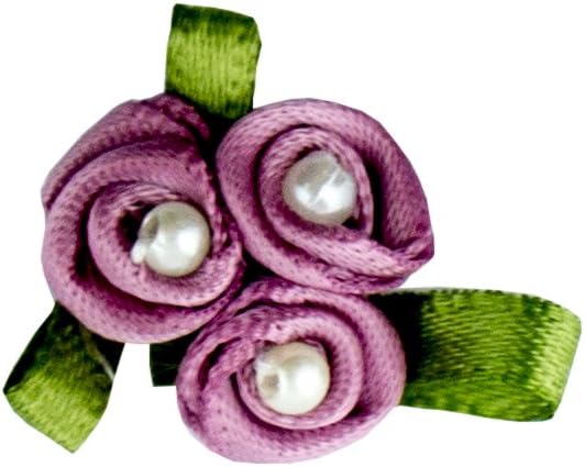 Pretty 3 Pearls Lilac Rose Ribbon Roses Trims for Clothing and Accessory Embellishment - Pack of 20