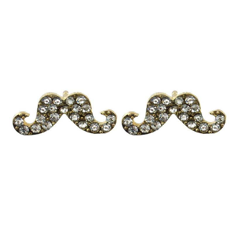 Gold tone moustache brooch with white diamante crystals.