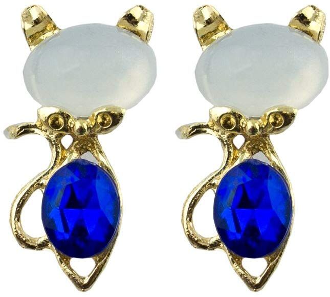 Gold tone cat design brooch with deep blue crystal