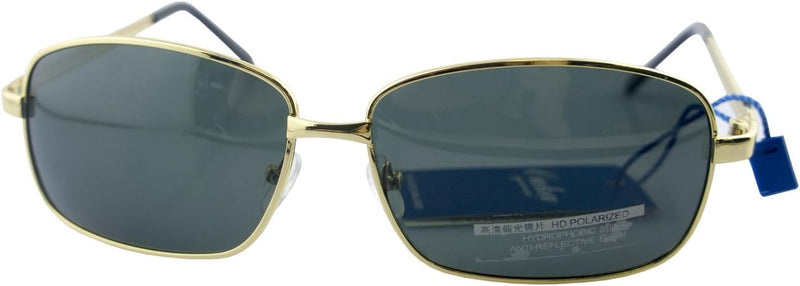 Front view of polarised gold and grey unisex sunglasses