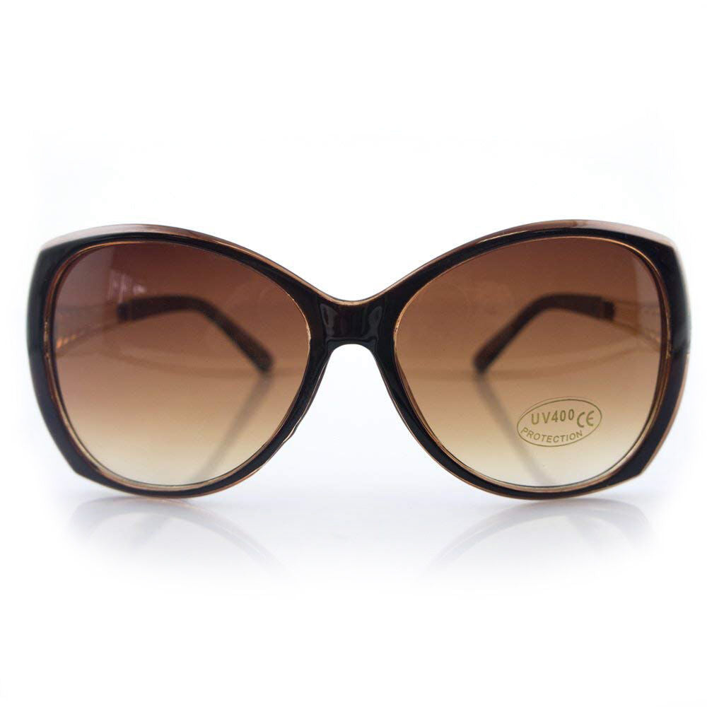 Brown large frame ladies sunglasses with gold tone arms.