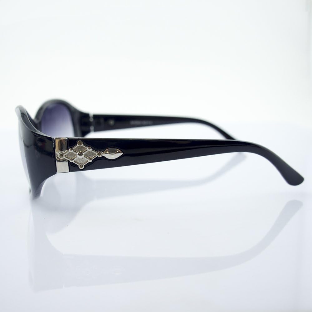 H1046 A-5 Stylish Black Frame Ladies Fashion Sunglasses with Attractive Silver Tone Temple Motif - Width at Temples 140 mm - 100% UV400 protection