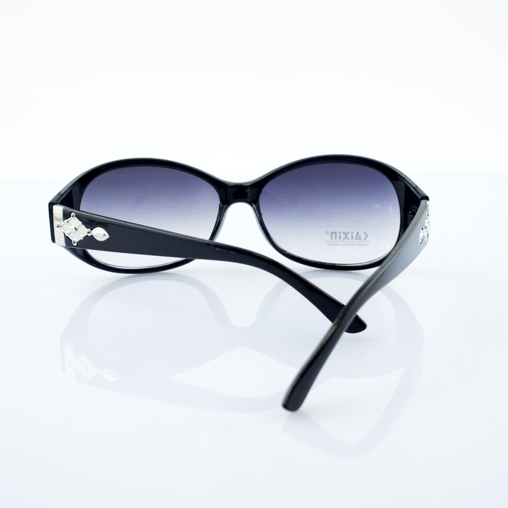 H1046 A-5 Stylish Black Frame Ladies Fashion Sunglasses with Attractive Silver Tone Temple Motif - Width at Temples 140 mm - 100% UV400 protection