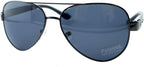 Close-up of the blue-grey lenses of the aviator sunglasses.