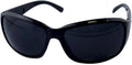 Stylish unisex sunglasses with a black frame and blue-grey lenses.