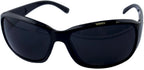 Stylish unisex sunglasses with a black frame and blue-grey lenses.