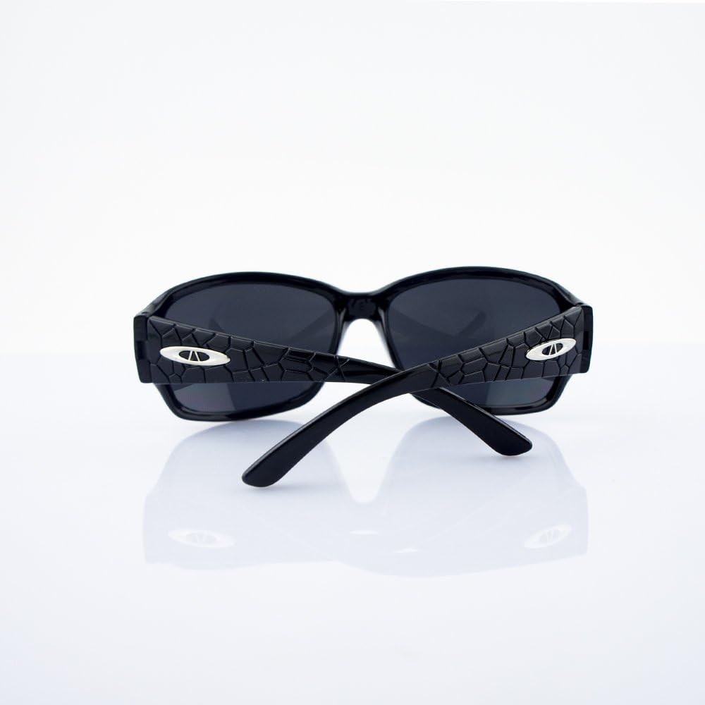 Close-up of the black frame and silver arm motif of the sunglasses.