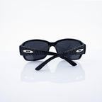 Close-up of the black frame and silver arm motif of the sunglasses.