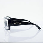 Side view of the unisex sunglasses showing the arm length and design.