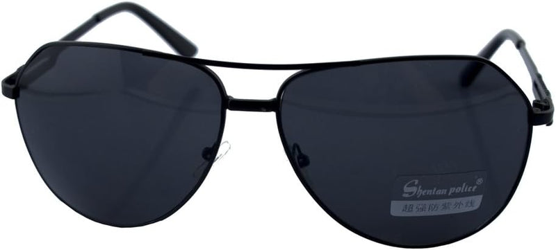 Aviator style sunglasses with a dark grey frame and grey lenses.