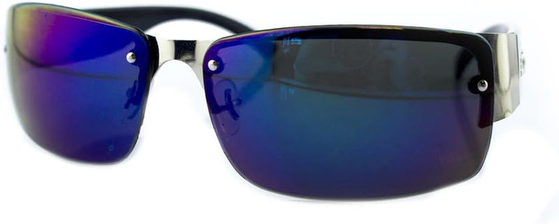 Stylish black and silver frame sunglasses with violet-grey lenses.