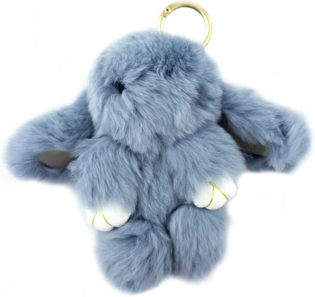 Cute grey fluffy bunny rabbit keyring charm on a white background