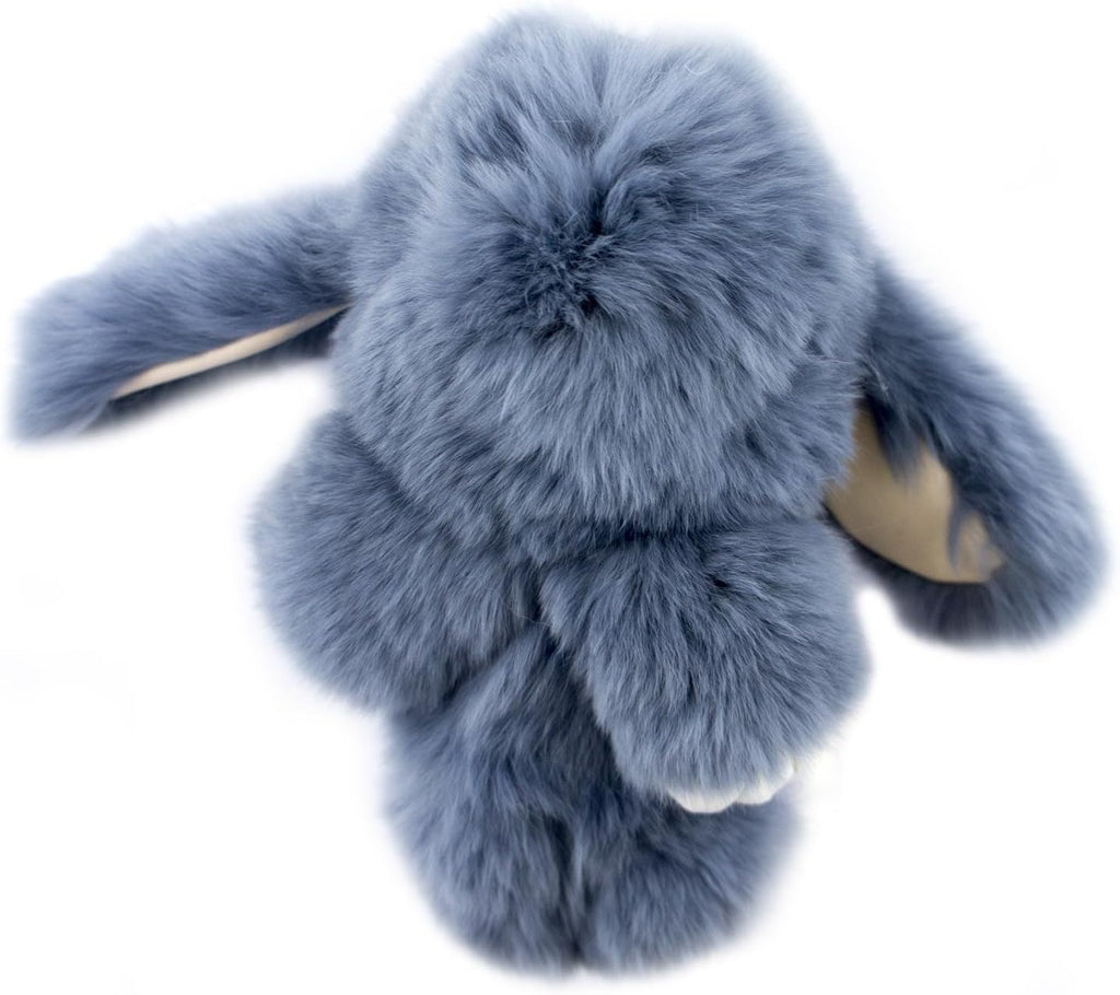 Large grey fluffy bunny rabbit keyring charm on a table.