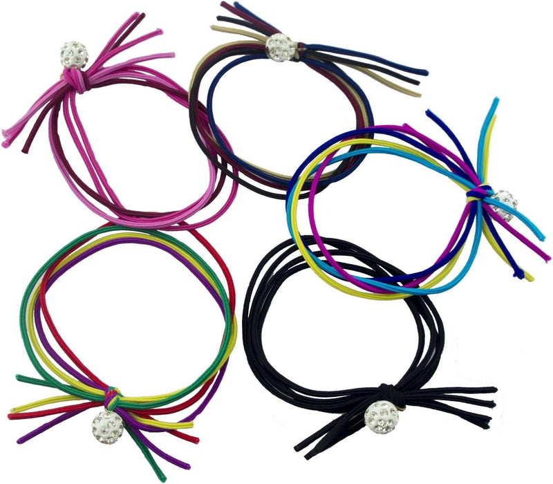 Multi-stranded hair bands with diamante crystal ball in assorted colours.
