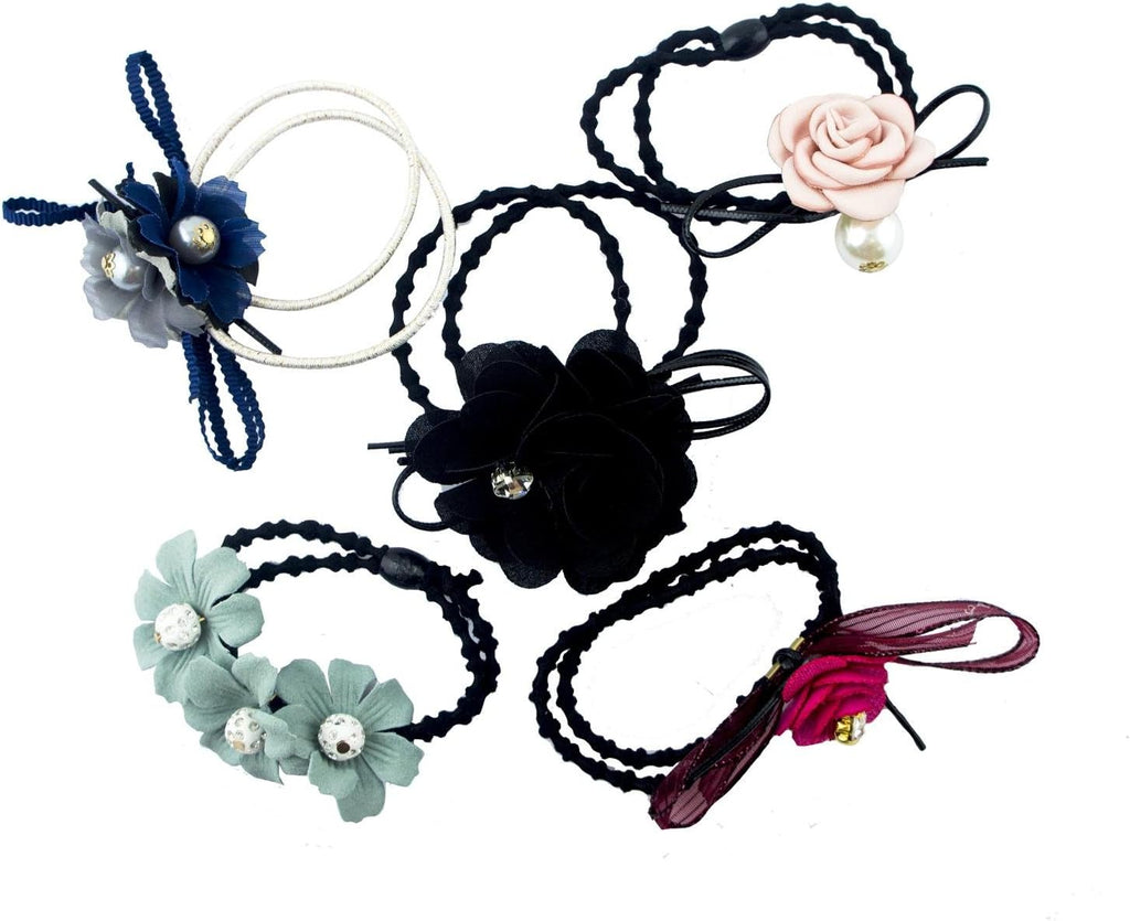 Pack of 5 hair bands with assorted flower and bead designs.
