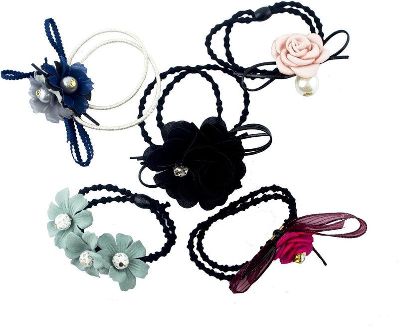 Pack of 5 hair bands with assorted flower and bead designs.