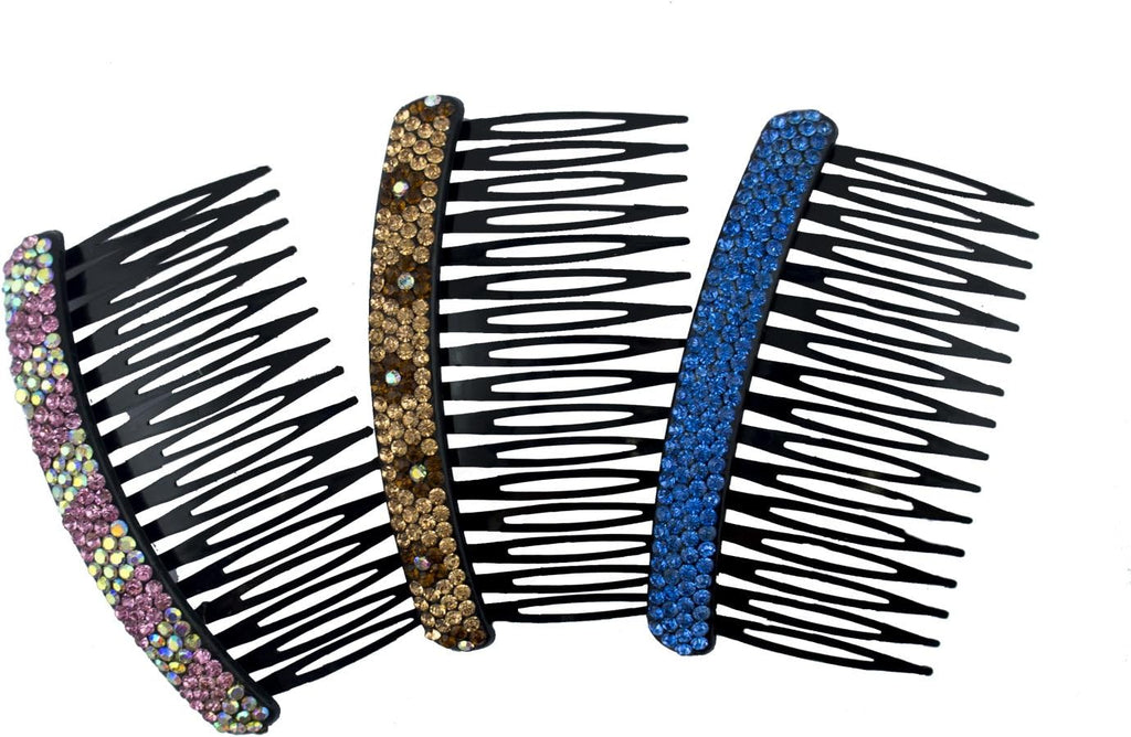 Stylish black hair comb with coloured crystal design.