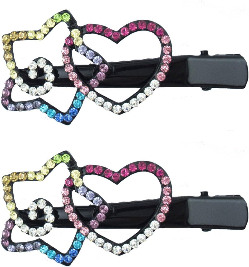 Cute black hair pin barrettes with colourful crystal stars and hearts.