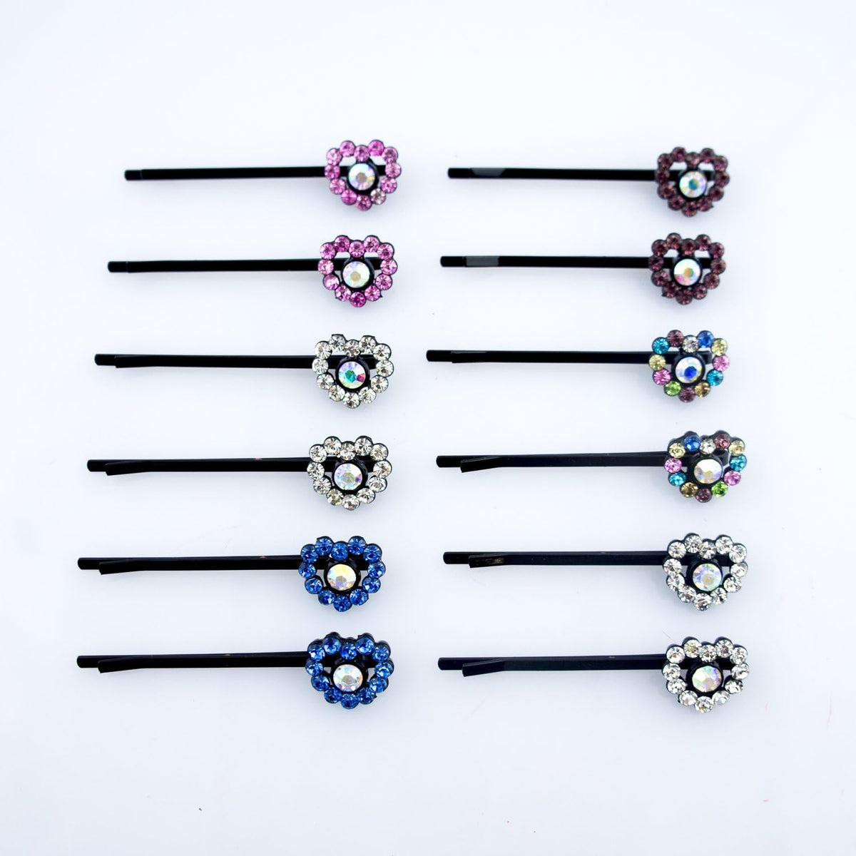 Stylish Heart and Centre Crystal Hairpin Barrettes - Pack of 2 Pairs