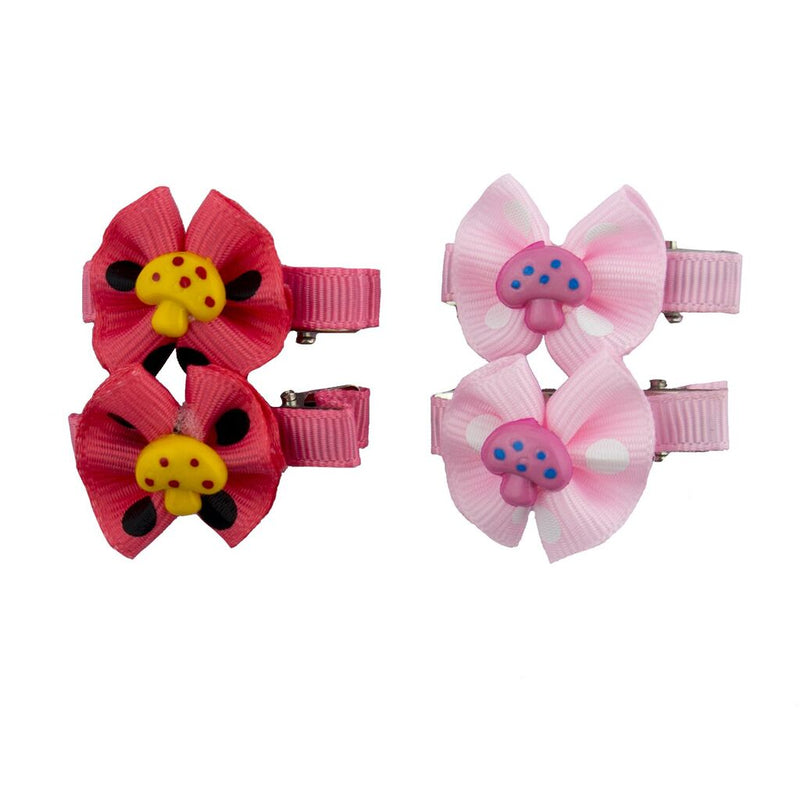 Two pairs of colourful ribbon hairclip barrettes with motifs.