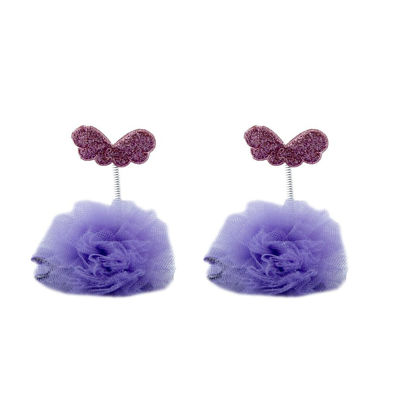 Two pastel organza ruffle ball hair clips with butterfly motifs.