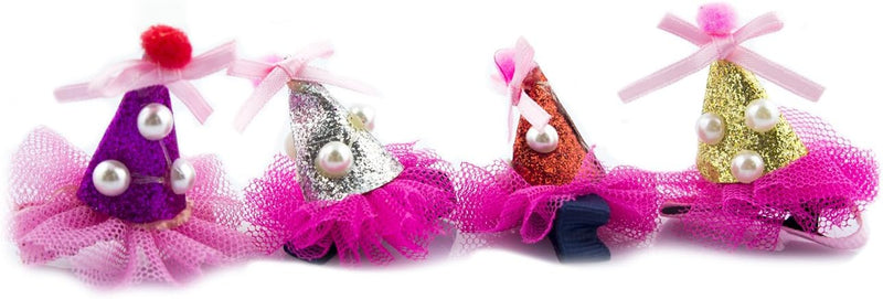 Four assorted sparkly hat shape hairclip barrettes with ruffles.