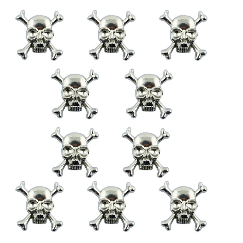 Pack of 10 silver tone skull and crossbones decorative studs.